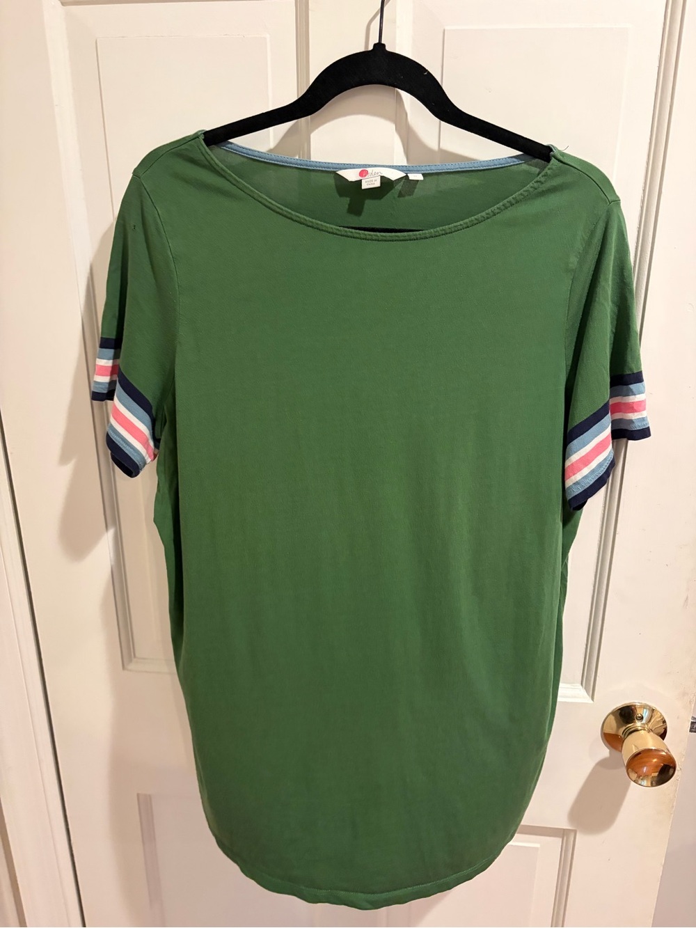 Boden Green Short-Sleeve Tee with Navy and Pink Stripe Sleeve Accents
